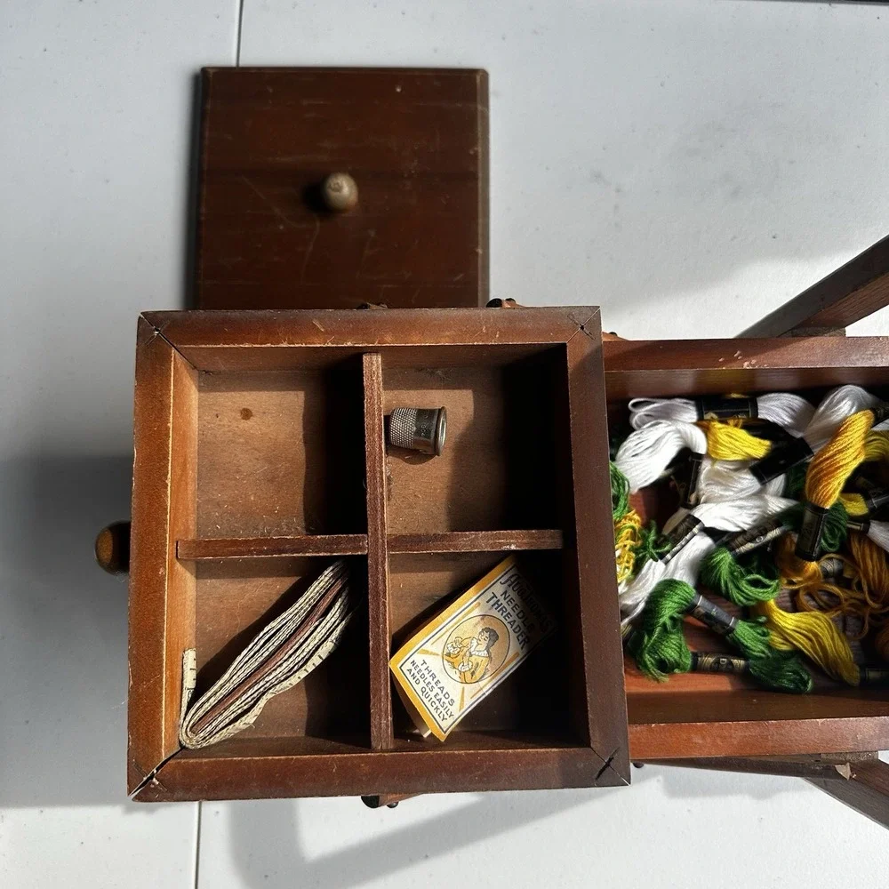 Vintage 50s / 60s Wooden Sewing Craft Box Accordion Cantilever Storage Organizer
